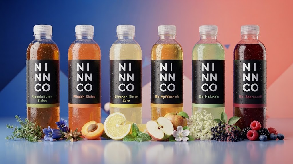 Sechs Ninnco Flaschen: Alpenkräuter-Eistee, Pfirsich-Eistee, Zitronen-Eistee Zero, Bio-Apfelschorle, Bio-Holunder, Bio-Beerensaft
